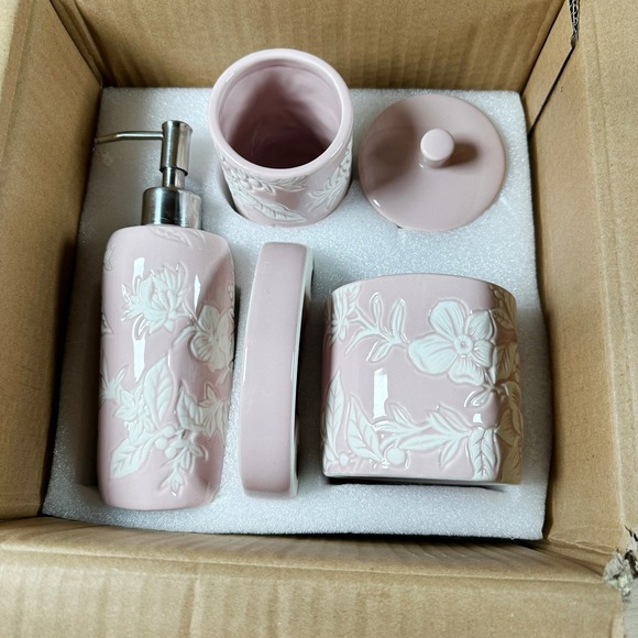 Pale Pink Ceramic Floral Embossed Bathroom Set Soap Dispenser Jar Holder Tray - Picture 3 of 7